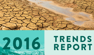 A cropped section of a report cover, with dry, cracking soil along the top, then teal color blocks and text beneath, reading "2016 Trends Report"